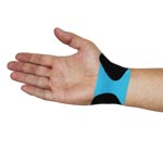 A photo of a wrist taped to provide support and prevent re-injury